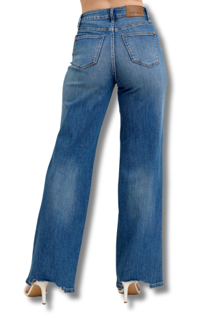 Judy Blue High Waist Tummy Control Chew Hem Destroy Wide Jeans
