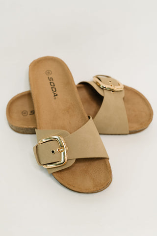 Classic Slip on Buckle Strap Sandal in Taupe