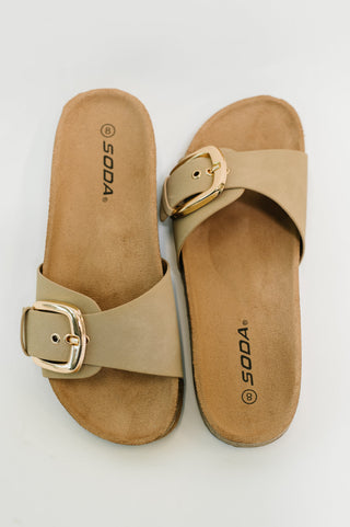 Classic Slip on Buckle Strap Sandal in Taupe