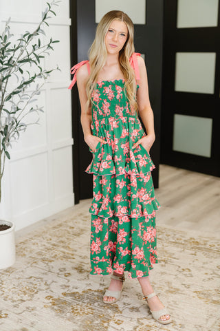 The Roselyn Tiered Dress in Green & Coral