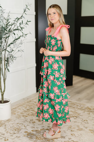 The Roselyn Tiered Dress in Green & Coral
