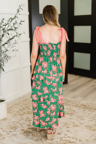 The Roselyn Tiered Dress in Green & Coral
