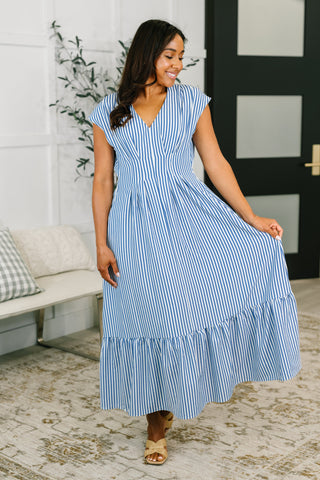 The Nantucket Pleated Smock Waist Maxi Dress in Blue