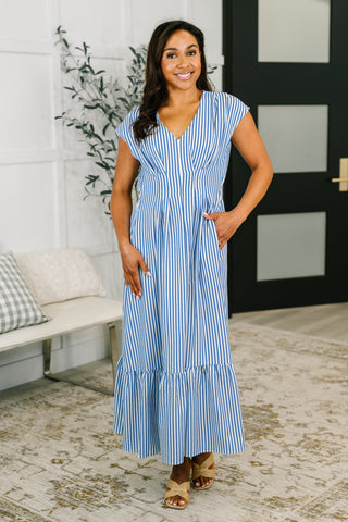 The Nantucket Pleated Smock Waist Maxi Dress in Blue Medium