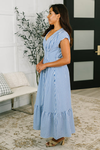 The Nantucket Pleated Smock Waist Maxi Dress in Blue