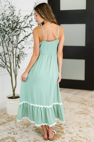 Wave Trim Spaghetti Strap Dress in Sage