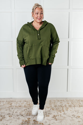 Cabin Air Snap Hooded Pullover in olive