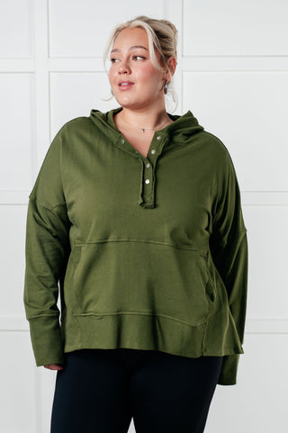 Cabin Air Snap Hooded Pullover in olive