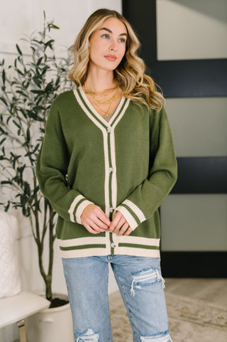 Collegiate Contrast Front Button Down Cardigan in Light Olive