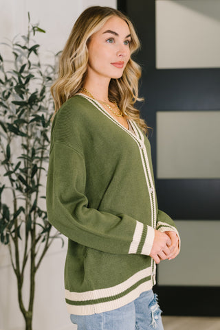 Collegiate Contrast Front Button Down Cardigan in Light Olive