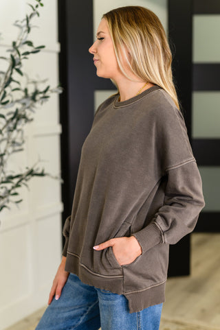 Forever Cozy Stepped Hem Pullover in Brown
