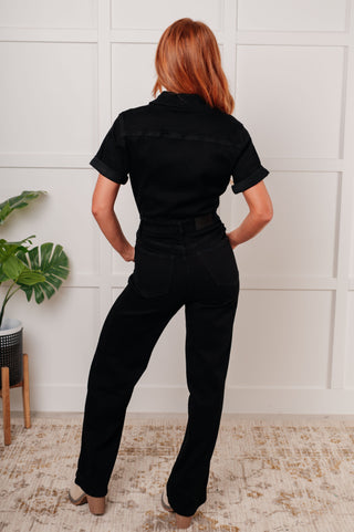 Judy Blue Short Sleeve Control Top Denim Jumpsuit in Black