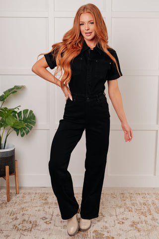 Judy Blue Short Sleeve Control Top Denim Jumpsuit in Black