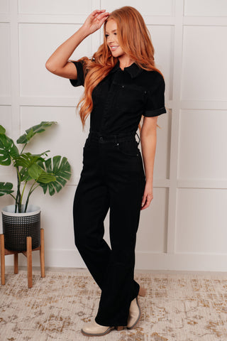 Judy Blue Short Sleeve Control Top Denim Jumpsuit in Black