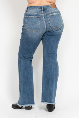 Judy Blue Midrise Button Fly Flare with Destroy Fray Hem Jeans