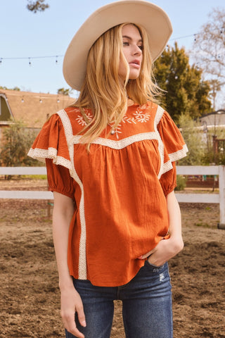 Embroidered Ruffle Top