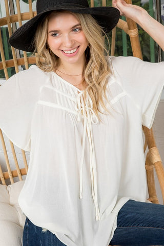 SOLID BOW TIE PEASANT TOP PLUS