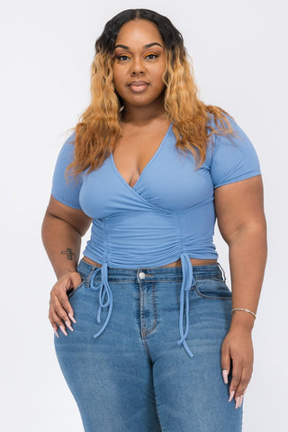 Ribbed Ruched Drawstring Surplice Top