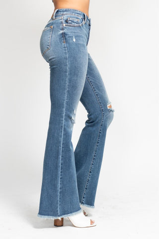 Judy Blue Midrise Button Fly Flare with Destroy Fray Hem Jeans