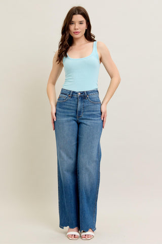 High Waist Tummy Control Chew Hem Destroy Wide Jeans
