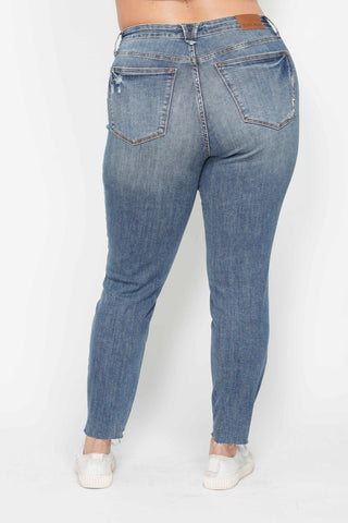 Judy Blue High Waisted Tummy Control Vintage Wash Hem Destroy Skinny Jeans
