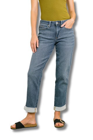 Judy Blue Mid Rise Boyfriend Jean in Dark Cozy Indigo