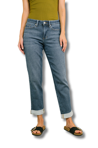 Judy Blue Mid Rise Boyfriend Jean in Dark Cozy Indigo