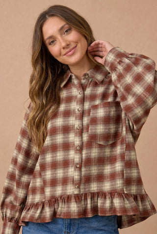 Button Down Check Plaid Babydoll Peplum Blouse