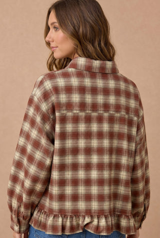 Button Down Check Plaid Babydoll Peplum Blouse