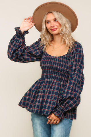 Smocked Babydoll Plaid Top