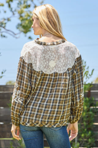 Lace & Plaid Combo Long Sleeve Blouse