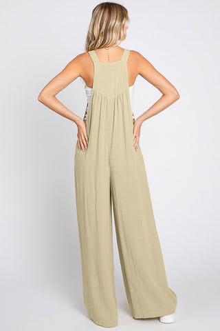 Solid Button Sling Wide Leg Overall