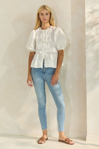 Solid Cotton Poplin Front Tie Ribbon Blouse