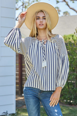 Textured Striped Front Neck Tie Blouse