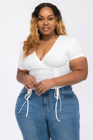 Ribbed Ruched Drawstring Surplice Top