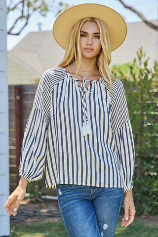 Textured Striped Front Neck Tie Blouse