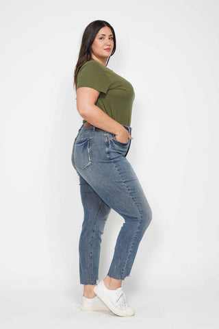 Judy Blue High Waisted Tummy Control Vintage Wash Hem Destroy Skinny Jeans