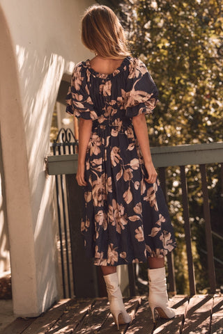 Floral Printed Smocked Waist Midi Dress
