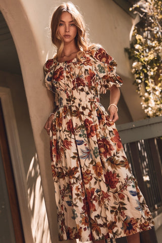 Floral Printed Smocked Waist Midi Dress