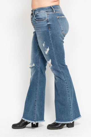 Judy Blue Midrise Button Fly Flare with Destroy Fray Hem Jeans
