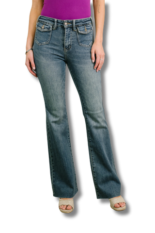 Judy Blue Mid Rise Flare Jean with Front Flap Pockets