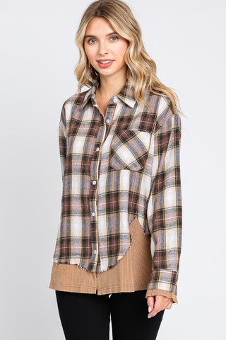 Washed Plaid Mix Button-Down Oversized Shirt
