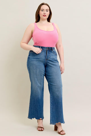 High Waist Tummy Control Chew Hem Destroy Wide Jeans