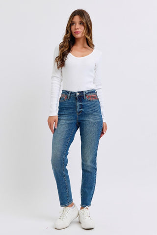 High Waist Plaid Patch Slim Jeans