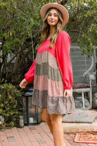 Tiered Color-Block Coral Dress