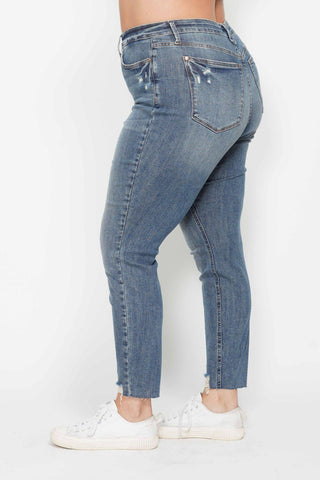 Judy Blue High Waisted Tummy Control Vintage Wash Hem Destroy Skinny Jeans