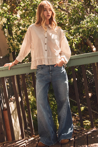 Striped Cropped Button-up Blouse