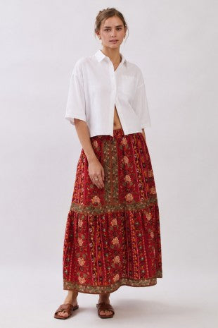 Floral Border Tiered Maxi Skirt