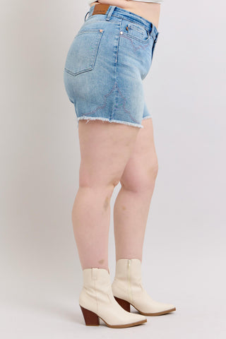 Judy Blue Western Embroidery Detail Cut Off Denim Shorts