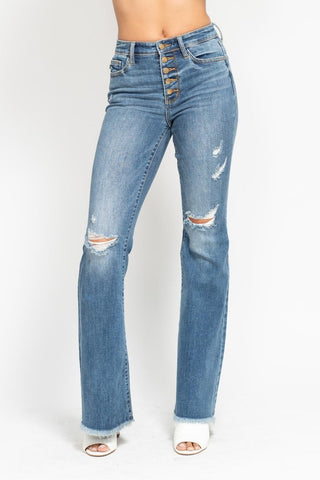 Judy Blue Midrise Button Fly Flare with Destroy Fray Hem Jeans